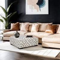 Laila Ottoman, Geometric Design, 41 Inch Light Brown and Ivory Chenille - BM319838