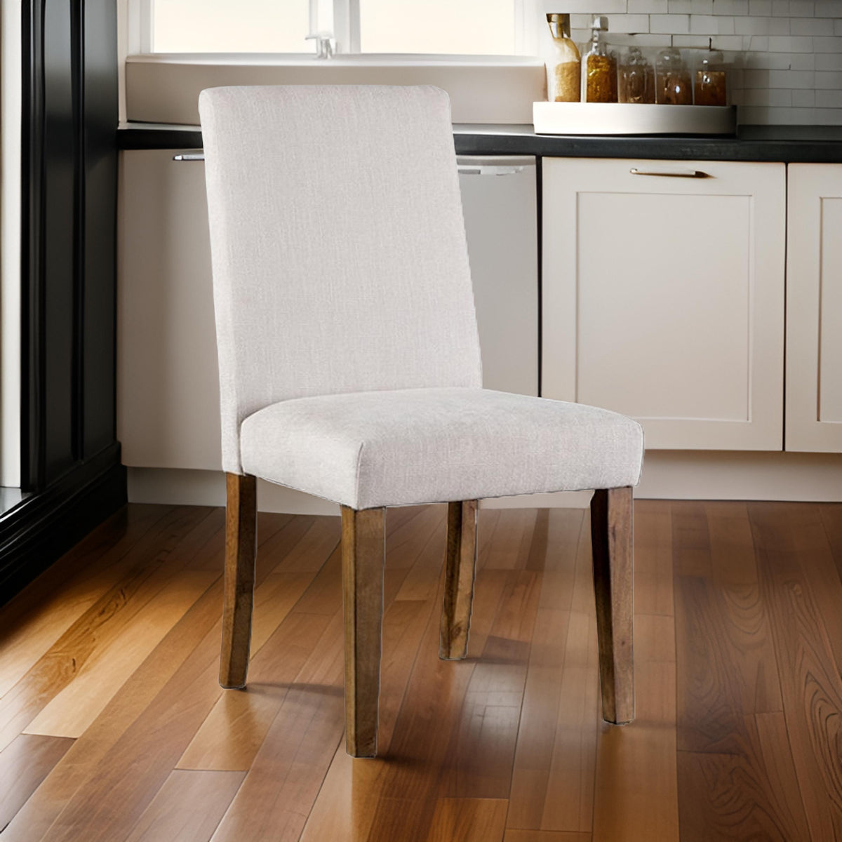 Jule Side Chairs Set of 2, Brown Solid Wood, Soft White Fabric Upholstery  - BM319842