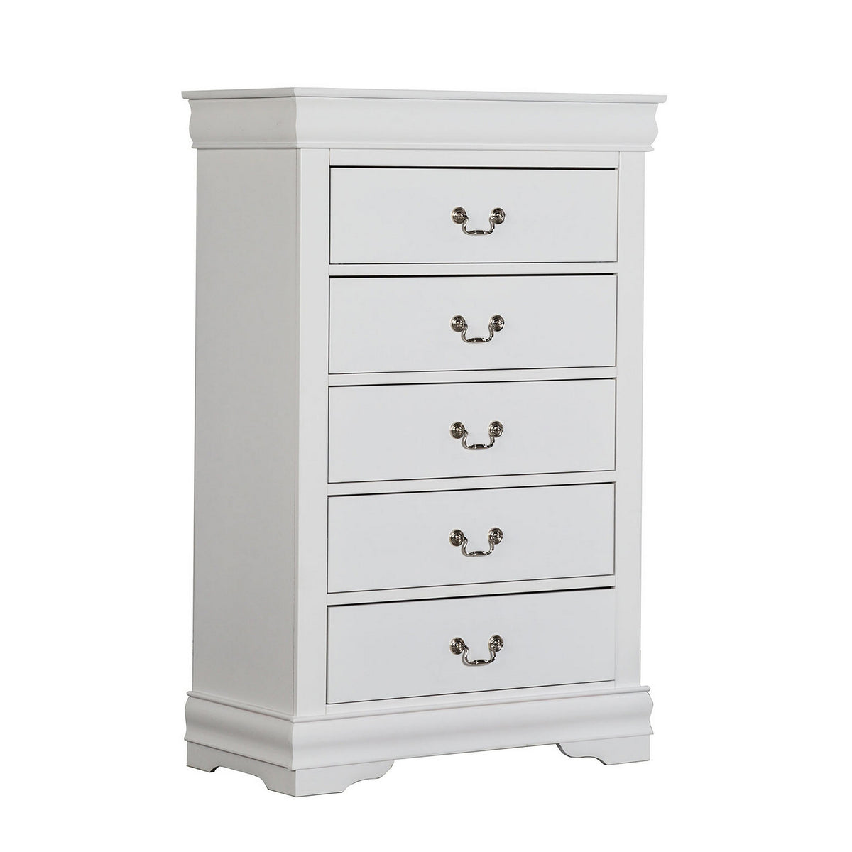 Ryla Tall Dresser Chest, 5 Drawers, Nickel Metal Handles, White Solid Wood  - BM319849