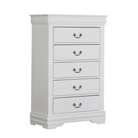 Ryla Tall Dresser Chest, 5 Drawers, Nickel Metal Handles, White Solid Wood  - BM319849