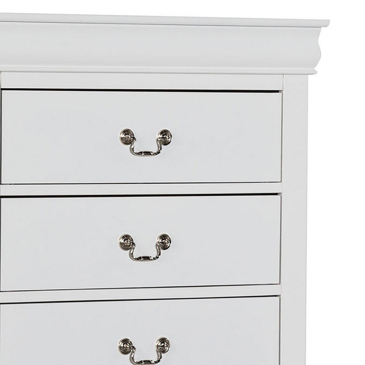 Ryla Tall Dresser Chest, 5 Drawers, Nickel Metal Handles, White Solid Wood  - BM319849