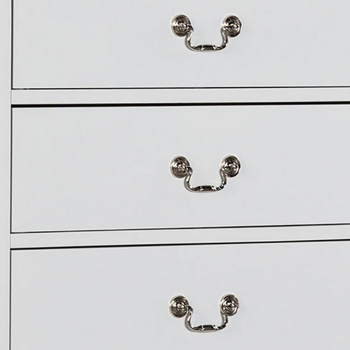 Ryla Tall Dresser Chest, 5 Drawers, Nickel Metal Handles, White Solid Wood  - BM319849