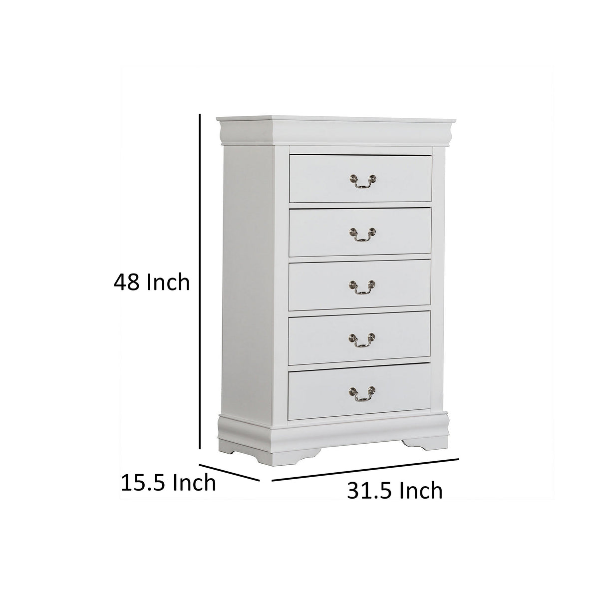 Ryla Tall Dresser Chest, 5 Drawers, Nickel Metal Handles, White Solid Wood  - BM319849