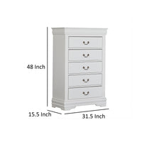 Ryla Tall Dresser Chest, 5 Drawers, Nickel Metal Handles, White Solid Wood  - BM319849