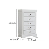 Ryla Tall Dresser Chest, 5 Drawers, Nickel Metal Handles, White Solid Wood  - BM319849