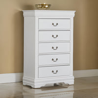 Ryla Tall Dresser Chest, 5 Drawers, Nickel Metal Handles, White Solid Wood  - BM319849