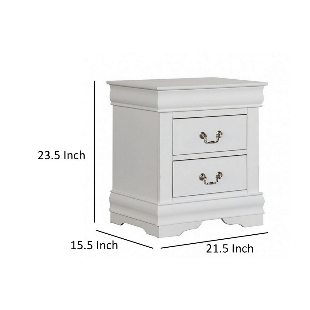Ryla Nightstand, 2 Drawers, Classic White Solid Wood, Nickel Metal Handles - BM319851