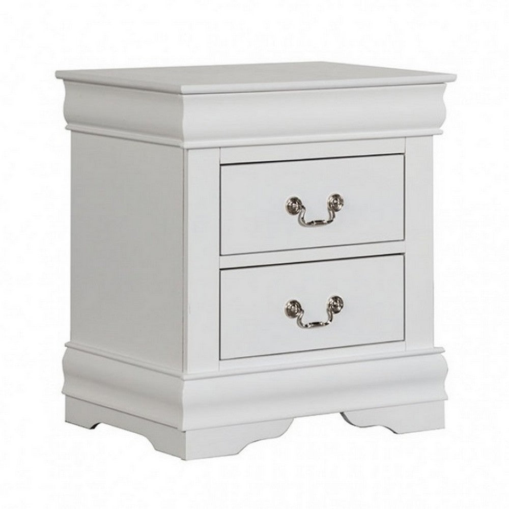 Ryla Nightstand, 2 Drawers, Classic White Solid Wood, Nickel Metal Handles - BM319851
