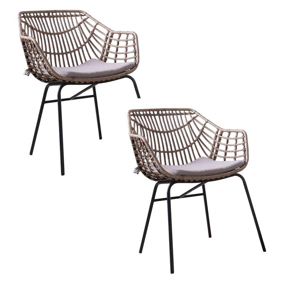 Niya Patio Chair Set of 2, Black Steel, Gray, Brown Outdoor Rattan Wicker - BM319858