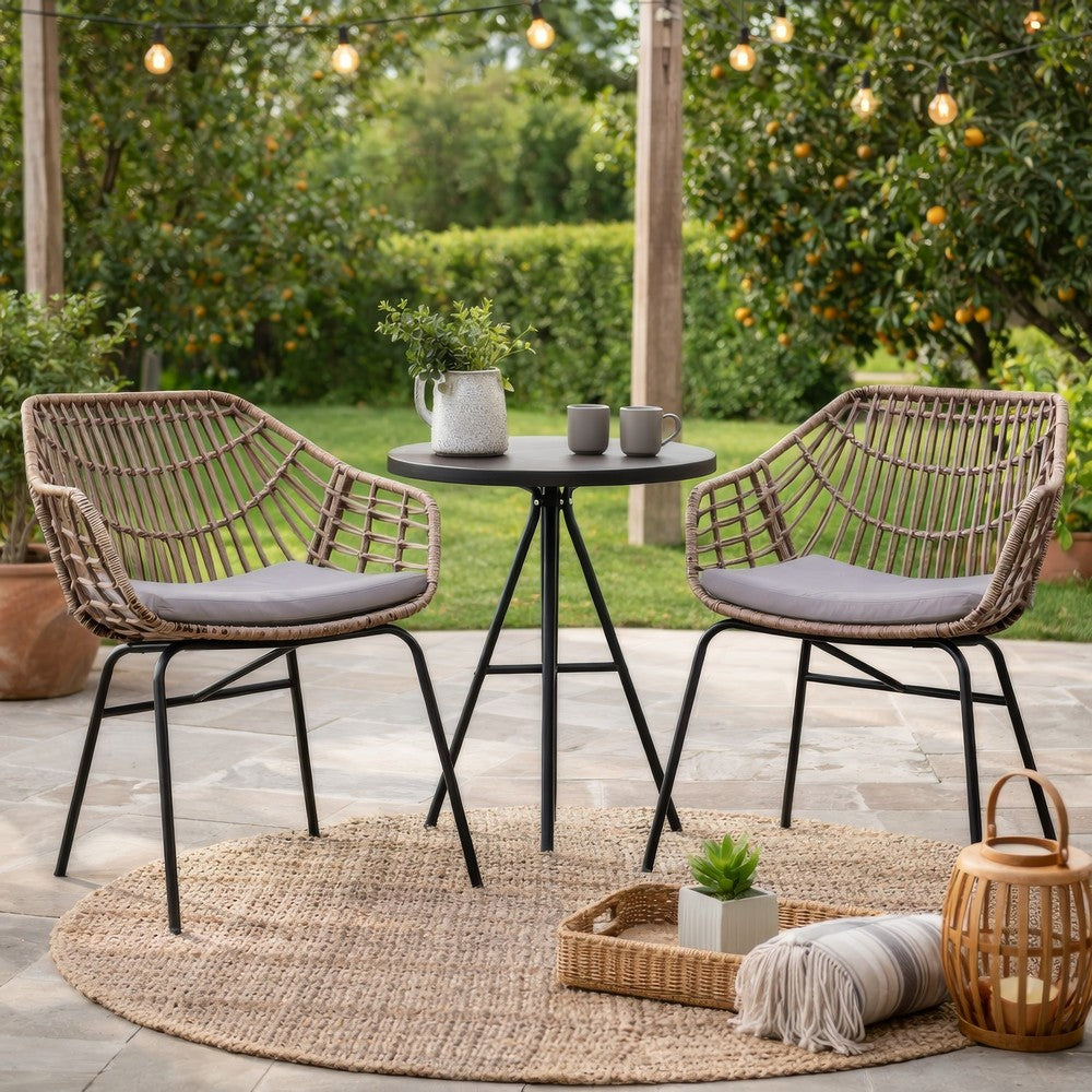 Niya Patio Chair Set of 2, Black Steel, Gray, Brown Outdoor Rattan Wicker - BM319858