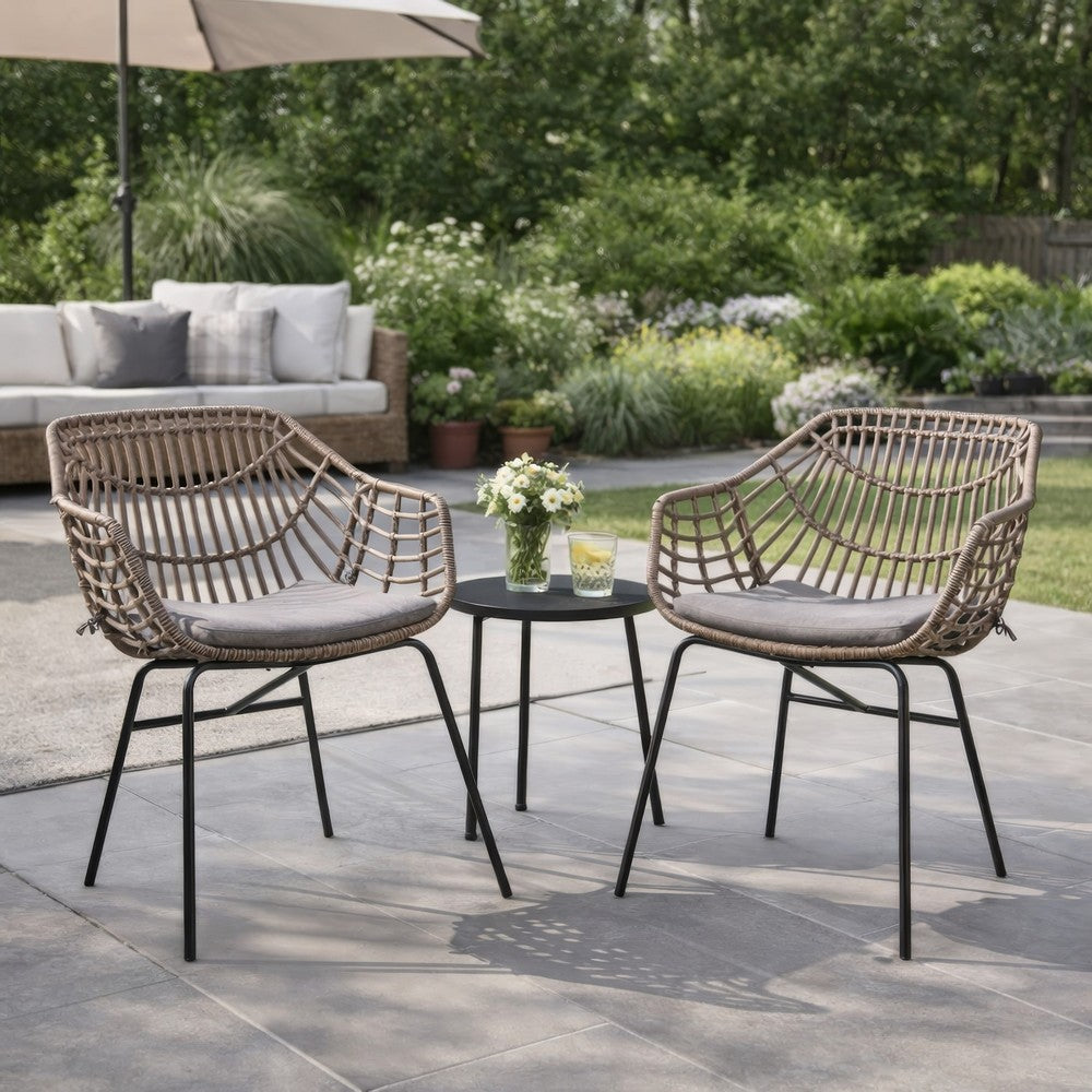 Niya Patio Chair Set of 2, Black Steel, Gray, Brown Outdoor Rattan Wicker - BM319858