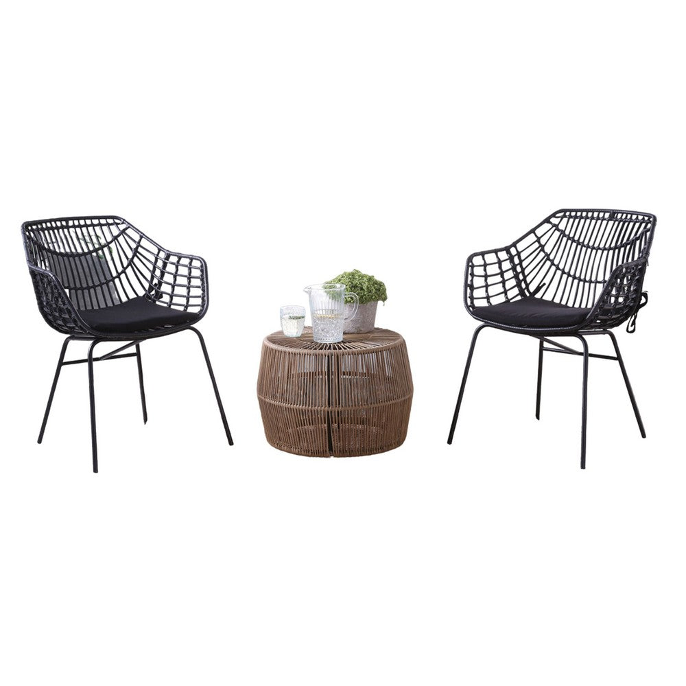 Zyan 3pc Outdoor Set, 2 Accent Chairs with Table, Black Steel, Brown Rattan - BM319859