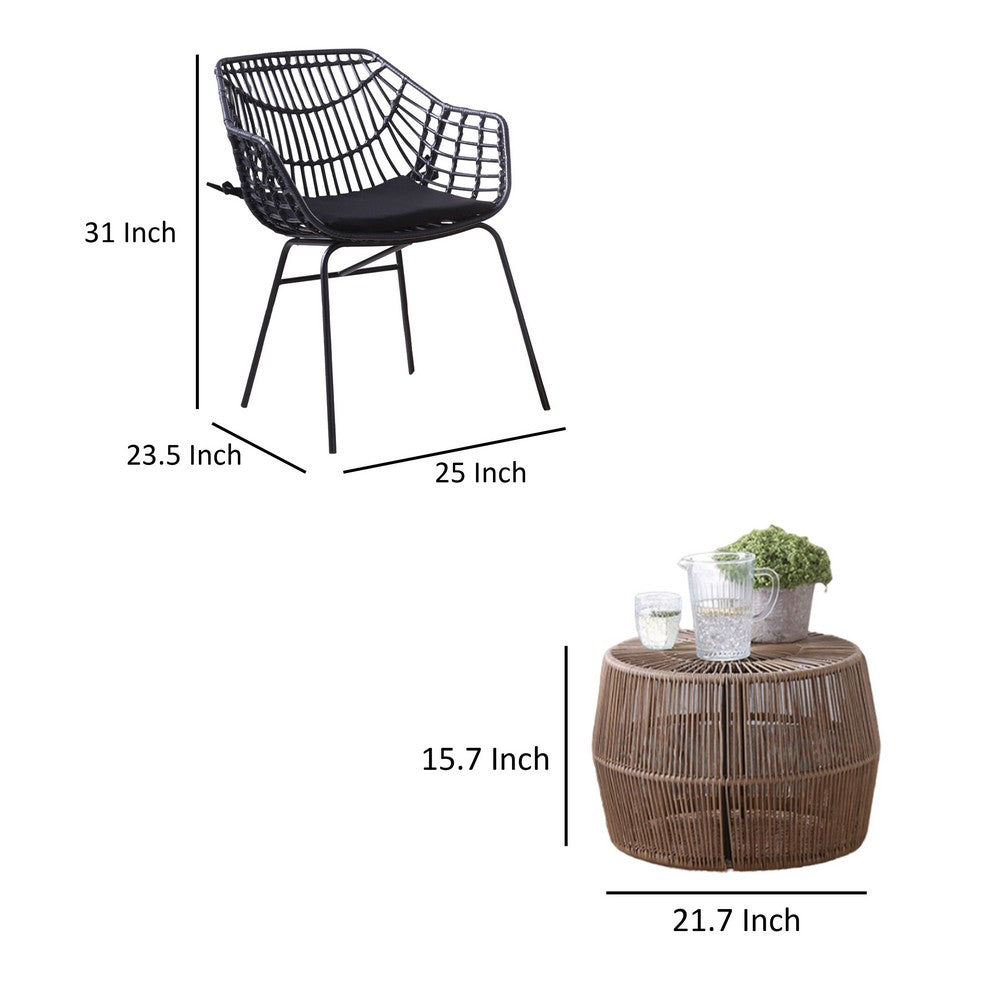Zyan 3pc Outdoor Set, 2 Accent Chairs with Table, Black Steel, Brown Rattan - BM319859