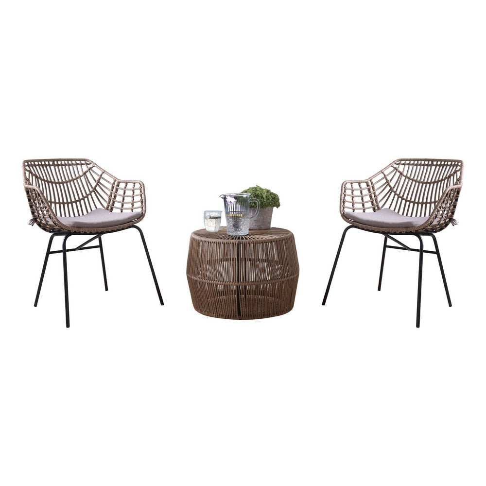 Zyan 3pc Outdoor Set, 2 Accent Chairs with Table, Black Steel, Gray, Rattan - BM319860
