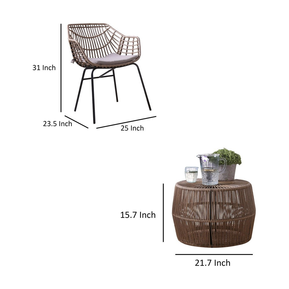Zyan 3pc Outdoor Set, 2 Accent Chairs with Table, Black Steel, Gray, Rattan - BM319860