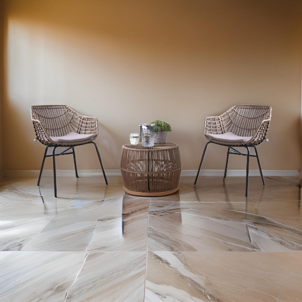 Zyan 3pc Outdoor Set, 2 Accent Chairs with Table, Black Steel, Gray, Rattan - BM319860