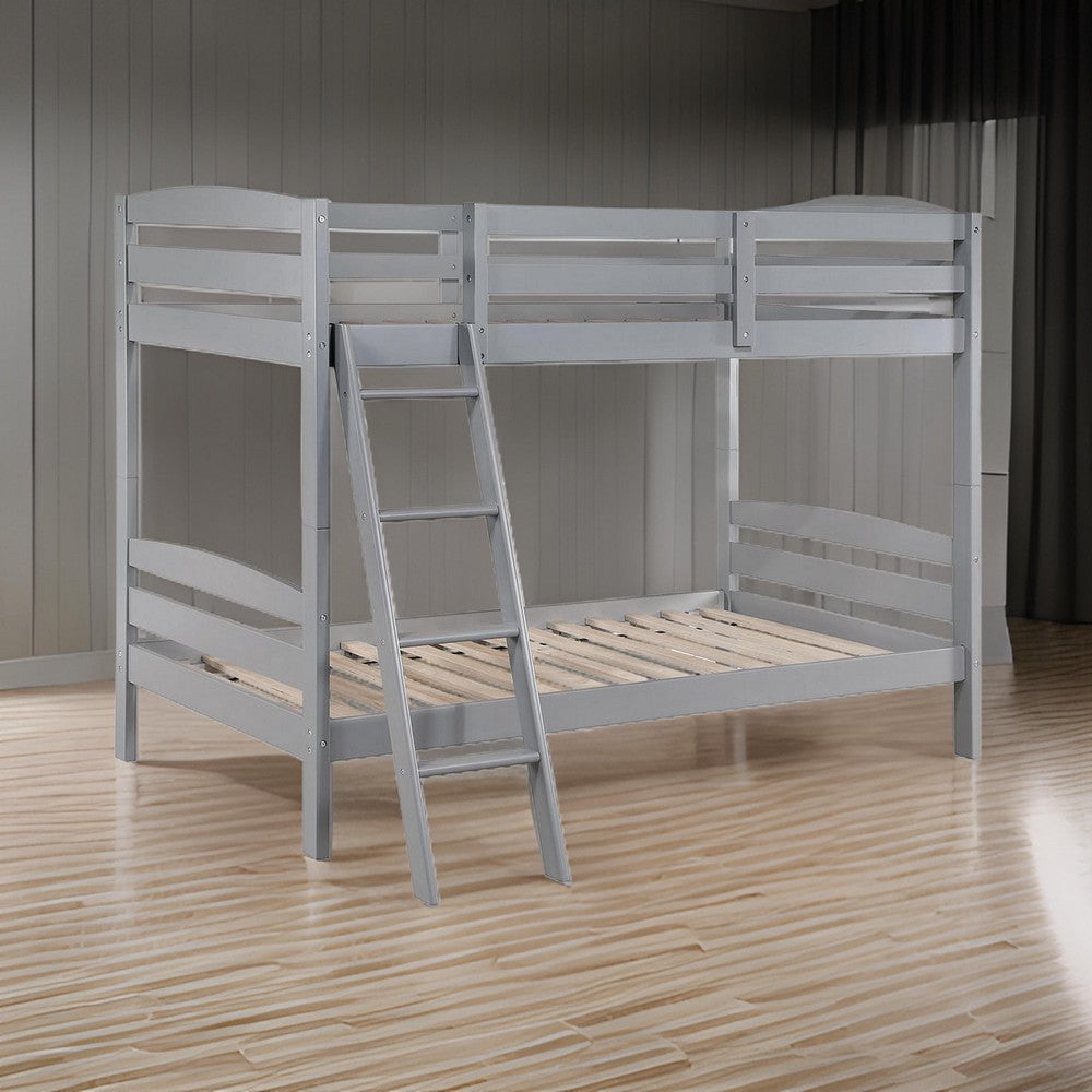 Hina Twin Bunk Bed, Angled Ladder, Sturdy Slat Design, Gray Solid Wood - BM319861