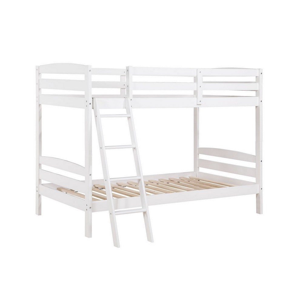 Hina Twin Bunk Bed, Angled Ladder, Sturdy Slat Design, White Solid Wood - BM319862