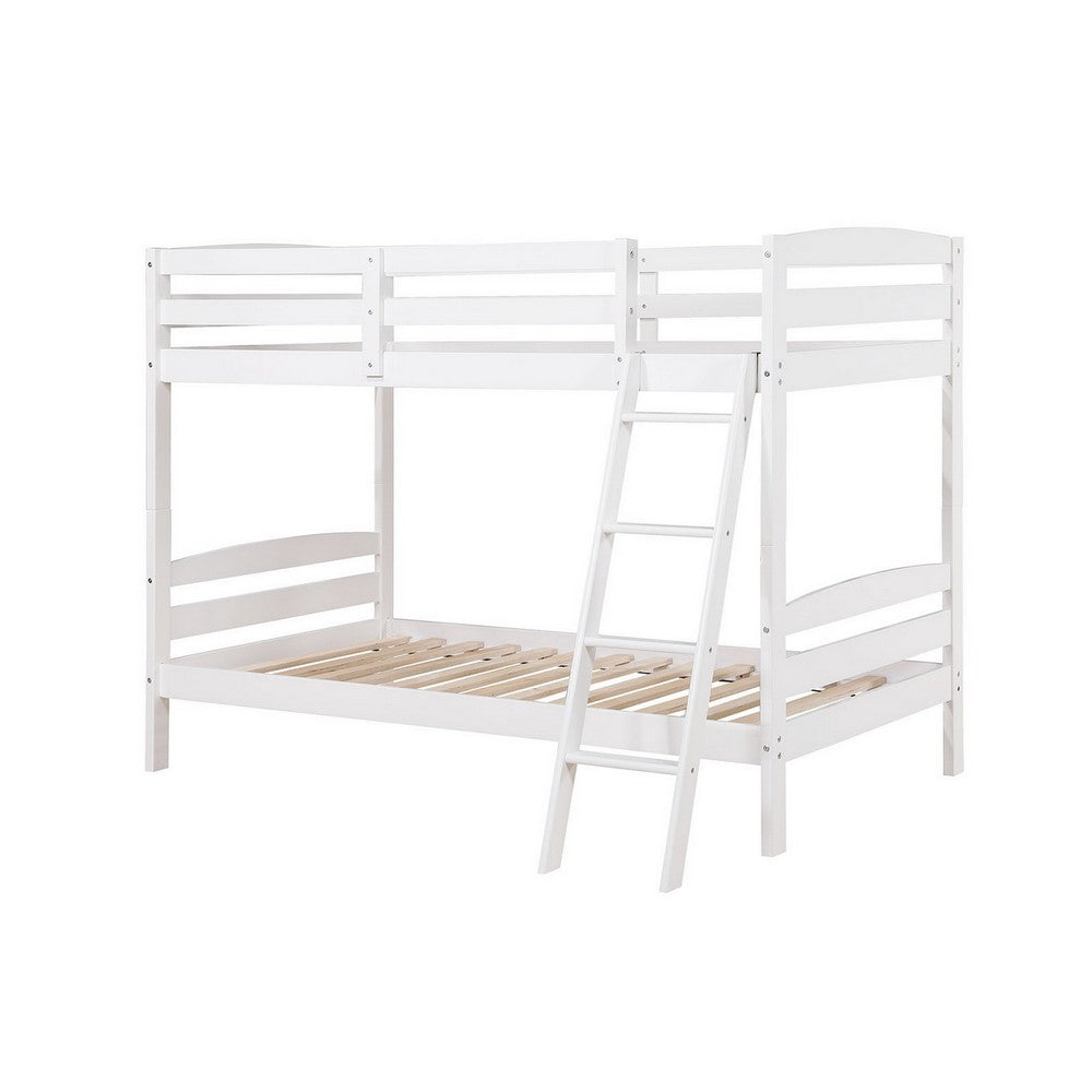 Hina Twin Bunk Bed, Angled Ladder, Sturdy Slat Design, White Solid Wood - BM319862