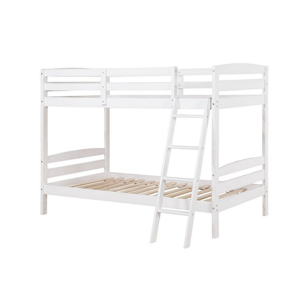 Hina Twin Bunk Bed, Angled Ladder, Sturdy Slat Design, White Solid Wood - BM319862