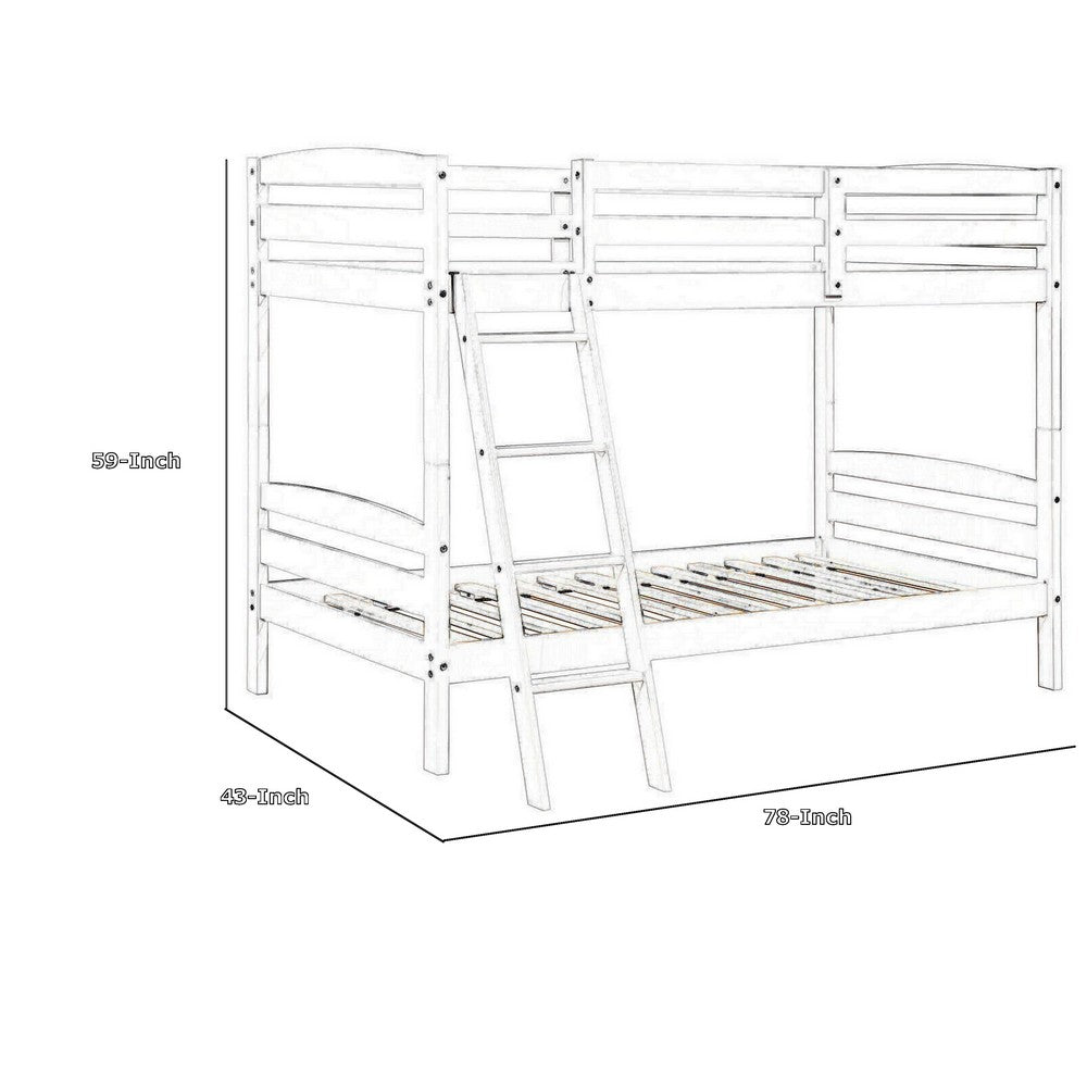 Hina Twin Bunk Bed, Angled Ladder, Sturdy Slat Design, White Solid Wood - BM319862