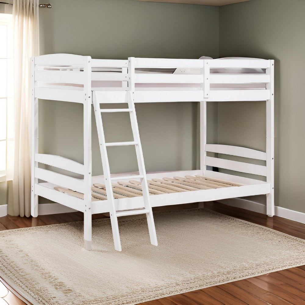 Hina Twin Bunk Bed, Angled Ladder, Sturdy Slat Design, White Solid Wood - BM319862