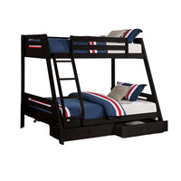 Emily Twin Over Full Bunk Bed with Ladder, 2 Drawers, Black Solid Wood - BM319863