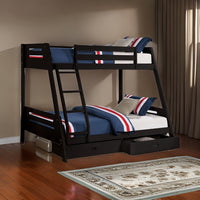 Emily Twin Over Full Bunk Bed with Ladder, 2 Drawers, Black Solid Wood - BM319863
