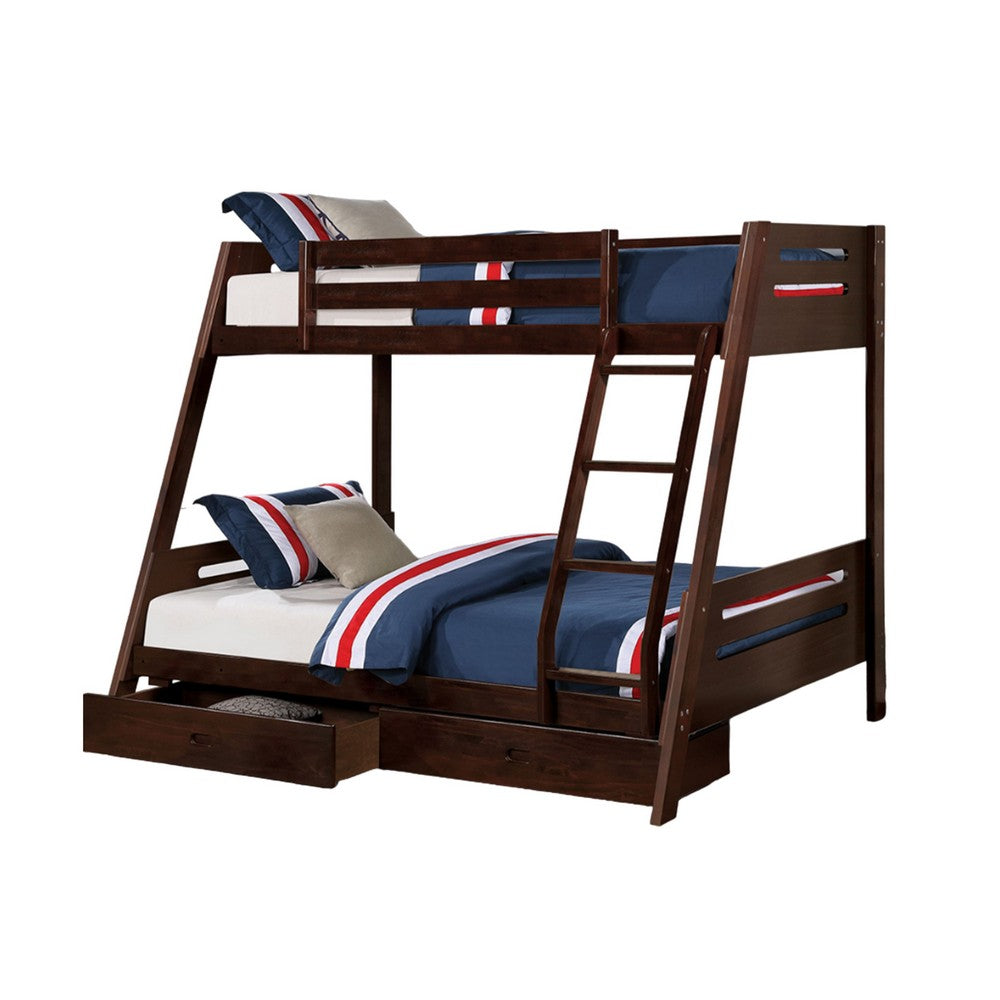 Emily Twin Over Full Bunk Bed with Ladder, 2 Drawers, Espresso Brown Wood - BM319864