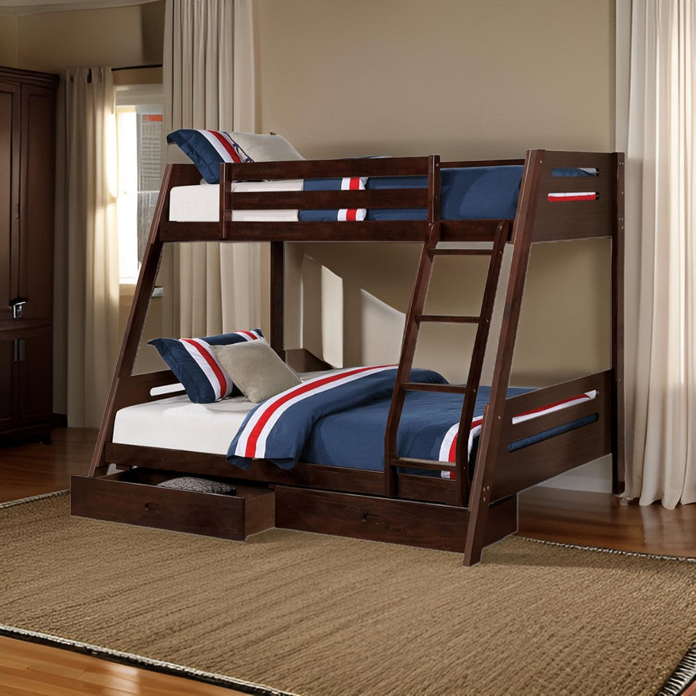 Emily Twin Over Full Bunk Bed with Ladder, 2 Drawers, Espresso Brown Wood - BM319864