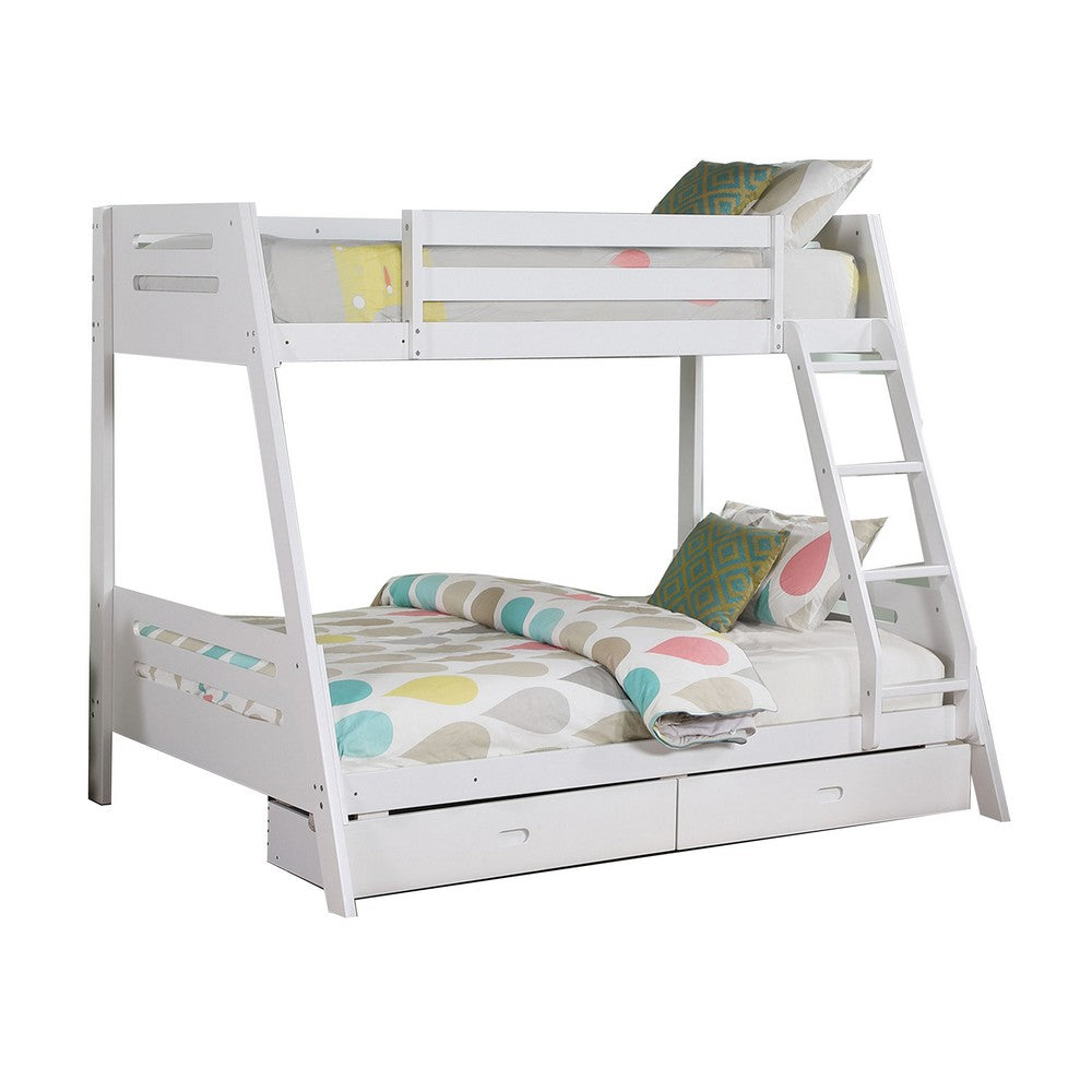 Emily Twin Over Full Bunk Bed with Ladder, 2 Drawers, White Solid Wood - BM319866