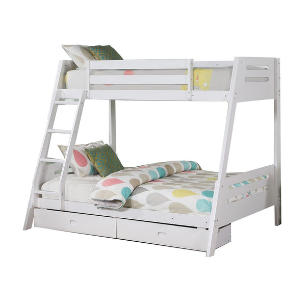 Emily Twin Over Full Bunk Bed with Ladder, 2 Drawers, White Solid Wood - BM319866