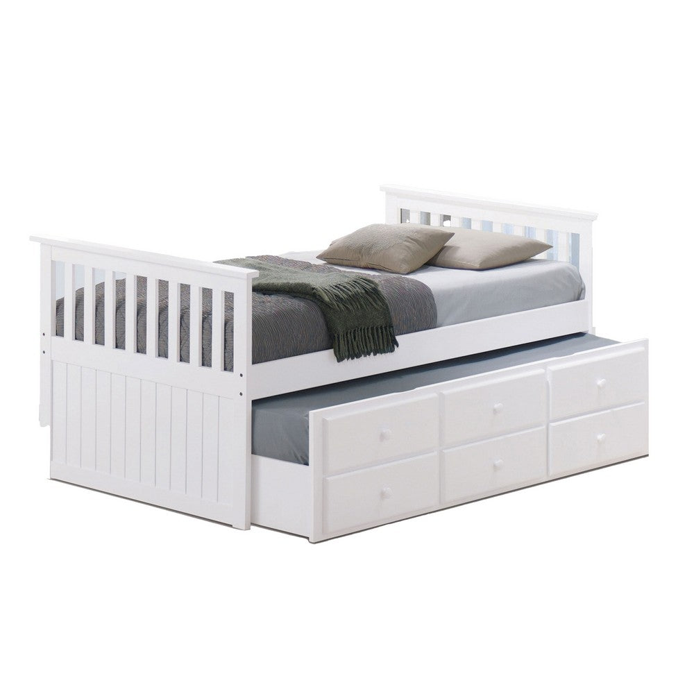 Clen Twin Captain Bed, Trundle with 3 Drawer Storage, White Solid Hardwood  - BM319867