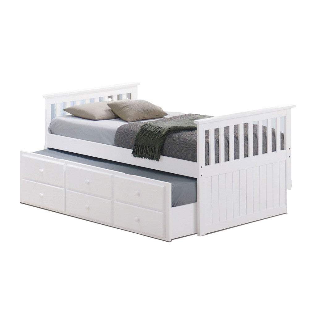 Clen Twin Captain Bed, Trundle with 3 Drawer Storage, White Solid Hardwood  - BM319867