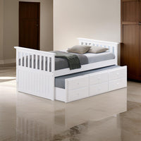 Clen Twin Captain Bed, Trundle with 3 Drawer Storage, White Solid Hardwood  - BM319867