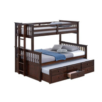 Veran Twin Over Full Bunk Bed, Trundle and 3 Drawers, Dark Brown Solid Wood - BM319872