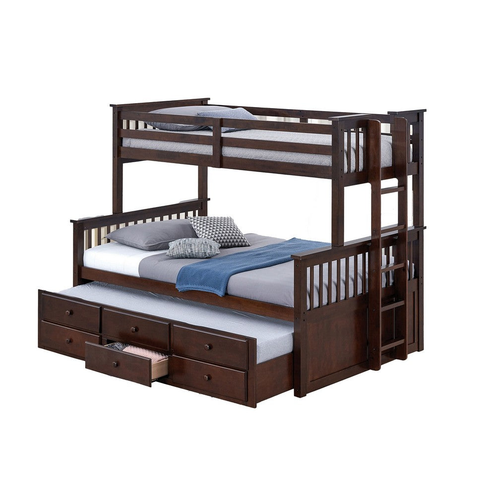 Veran Twin Over Full Bunk Bed, Trundle and 3 Drawers, Dark Brown Solid Wood - BM319872