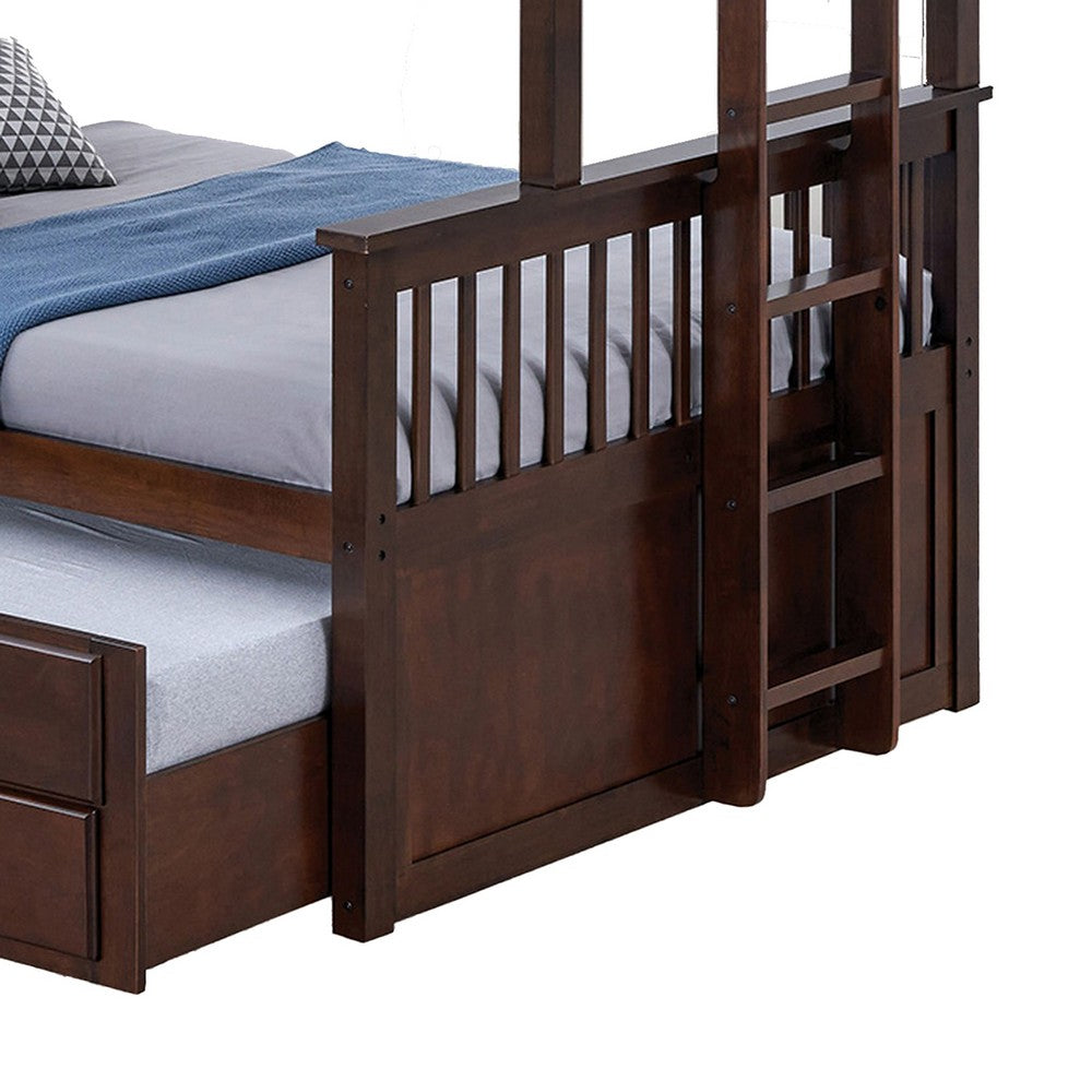 Veran Twin Over Full Bunk Bed, Trundle and 3 Drawers, Dark Brown Solid Wood - BM319872