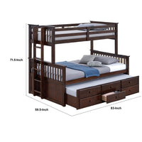 Veran Twin Over Full Bunk Bed, Trundle and 3 Drawers, Dark Brown Solid Wood - BM319872