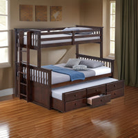 Veran Twin Over Full Bunk Bed, Trundle and 3 Drawers, Dark Brown Solid Wood - BM319872