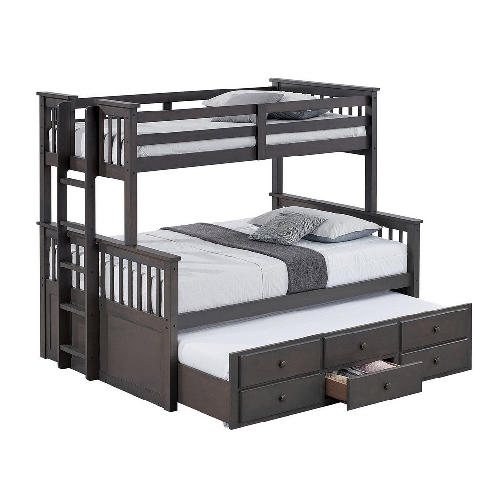 Veran Twin Over Full Bunk Bed, Trundle and 3 Drawers, Dark Gray Solid Wood - BM319873