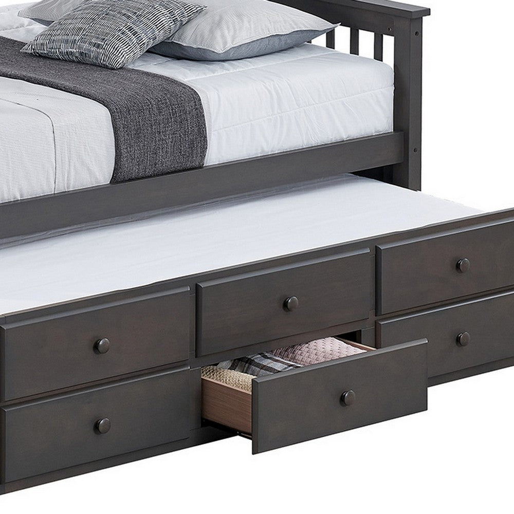 Veran Twin Over Full Bunk Bed, Trundle and 3 Drawers, Dark Gray Solid Wood - BM319873