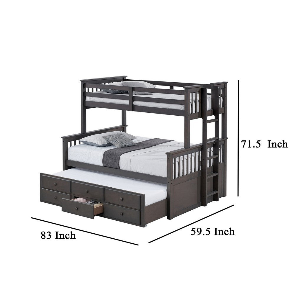 Veran Twin Over Full Bunk Bed, Trundle and 3 Drawers, Dark Gray Solid Wood - BM319873