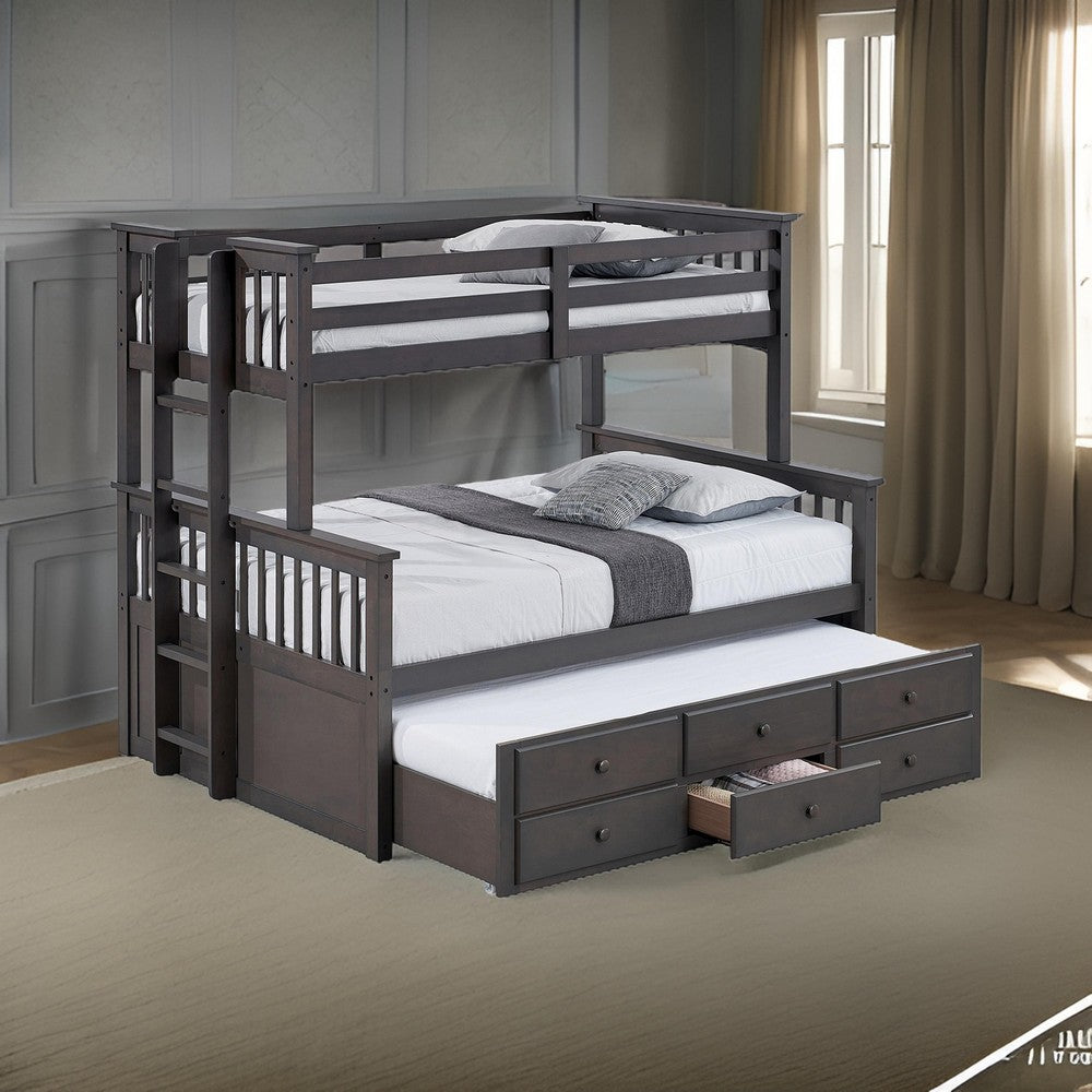 Veran Twin Over Full Bunk Bed, Trundle and 3 Drawers, Dark Gray Solid Wood - BM319873