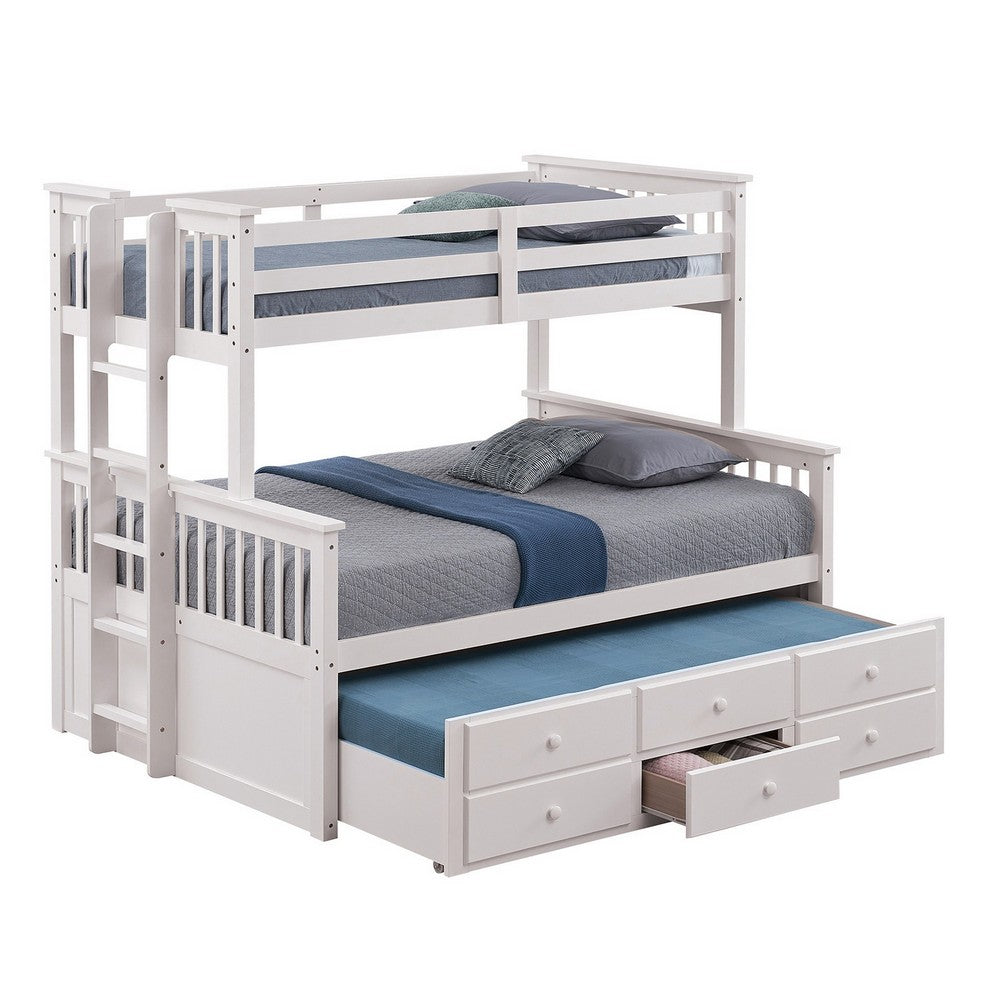 Veran Twin Over Full Bunk Bed, Trundle and 3 Drawers, White Solid Wood - BM319874