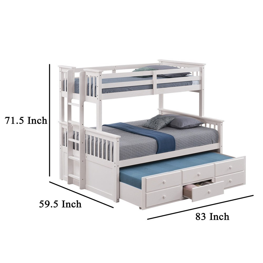 Veran Twin Over Full Bunk Bed, Trundle and 3 Drawers, White Solid Wood - BM319874