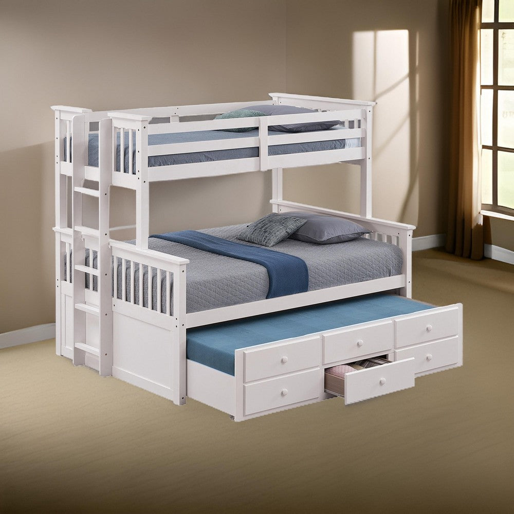 Veran Twin Over Full Bunk Bed, Trundle and 3 Drawers, White Solid Wood - BM319874