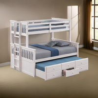 Veran Twin Over Full Bunk Bed, Trundle and 3 Drawers, White Solid Wood - BM319874