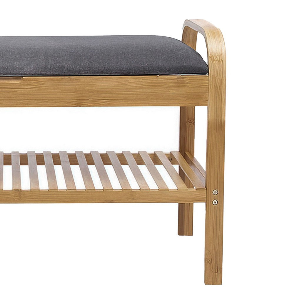 Mindy Shoe Storage Bench, Gray Polyester Seat, Walnut Brown Bamboo, 36 Inch - BM319884
