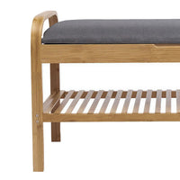 Mindy Shoe Storage Bench, Gray Polyester Seat, Walnut Brown Bamboo, 36 Inch - BM319884